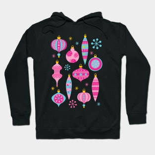 Retro Christmas Ornaments Pink - Mid Century Modern - Black Hoodie